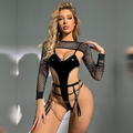 Noir Chain Cutout Patent Bodysuit with Fishnet Shrug and Garter Straps