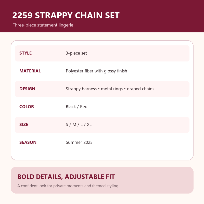 Midnight Chain Harness Three-Piece Lingerie Set – Glossy Cutout Bra, Minimal Brief and Double Thigh Garters