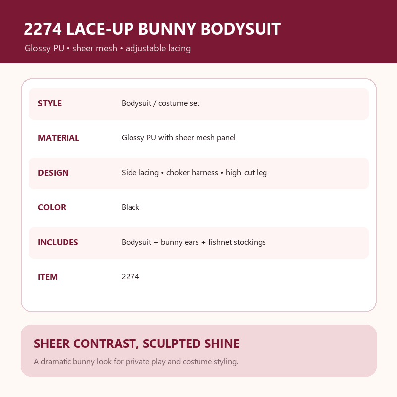 Nightfall Lace-Up Bunny Bodysuit Set – Sheer Mesh, Glossy PU and High-Cut Roleplay Styling