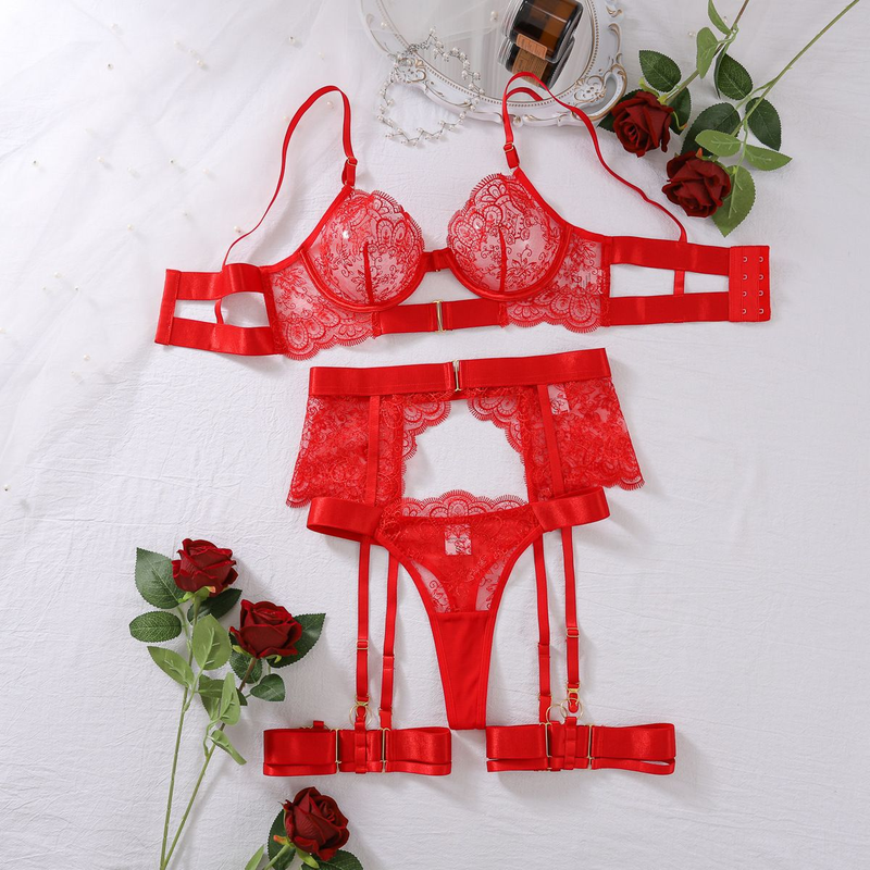 Midnight Lace Garter Lingerie Set – Sheer Floral Lace with Statement Straps