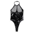 Noir Chain Glossy Mesh Bodysuit – High-Neck Halter with Draped Chain Detail