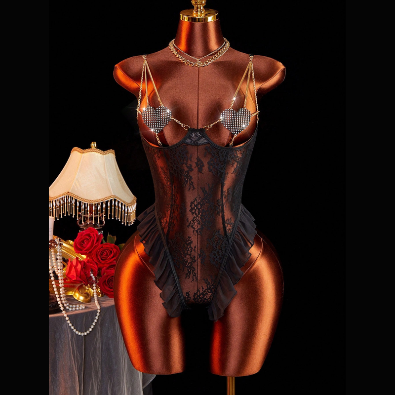 Midnight Heart Lace Teddy Set – Chain Accent Bodysuit with Ruffled Hem