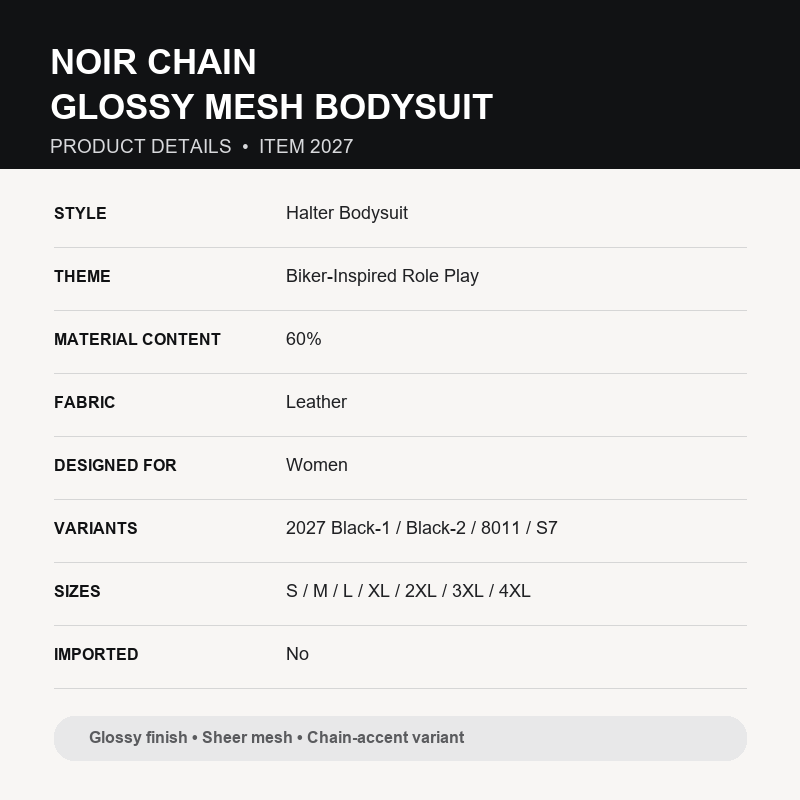 Noir Chain Glossy Mesh Bodysuit – High-Neck Halter with Draped Chain Detail
