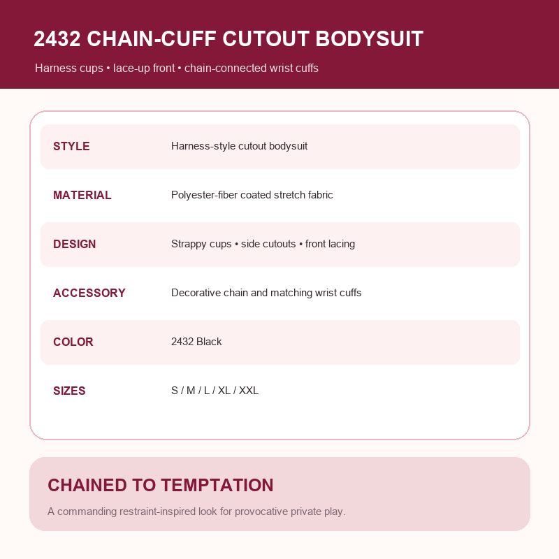 Noir Command Chain-Cuff Cutout Bodysuit – Harness Cups, Lace-Up Front and Wrist-Restraint Styling
