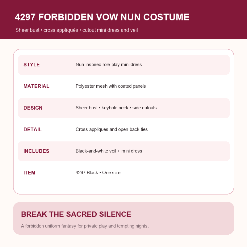 Forbidden Vow Sheer Nun Costume Set – Cross-Appliqué Cutout Mini Dress and Matching Veil