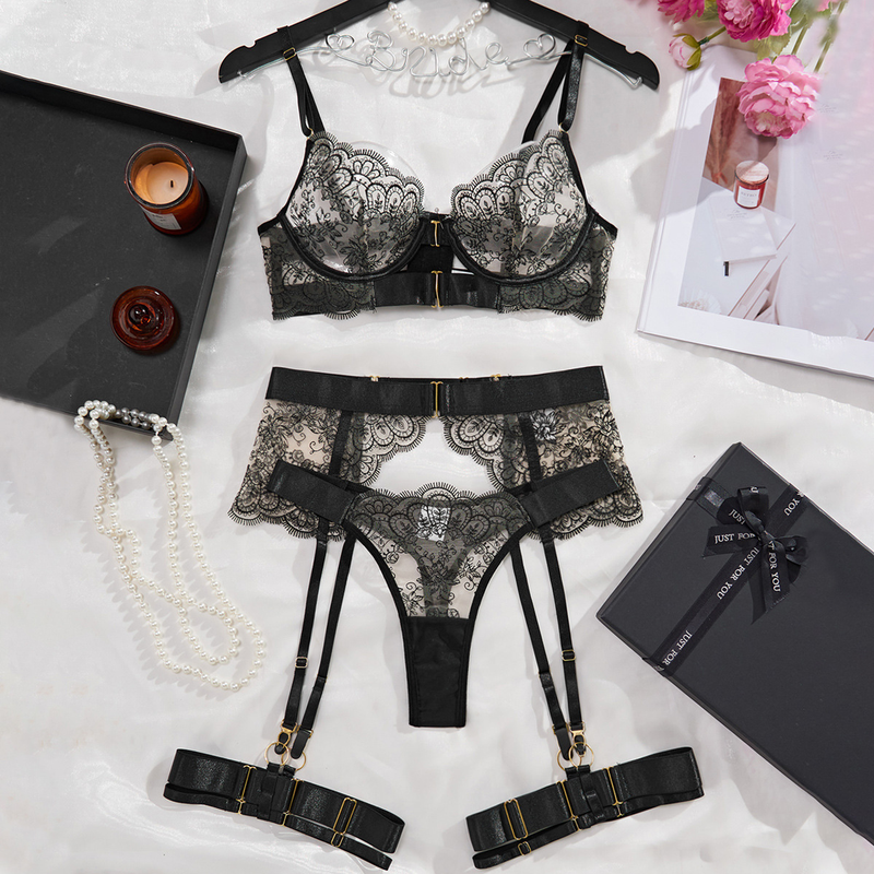 Midnight Lace Garter Lingerie Set – Sheer Floral Lace with Statement Straps
