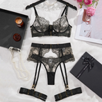 Midnight Lace Garter Lingerie Set – Sheer Floral Lace with Statement Straps