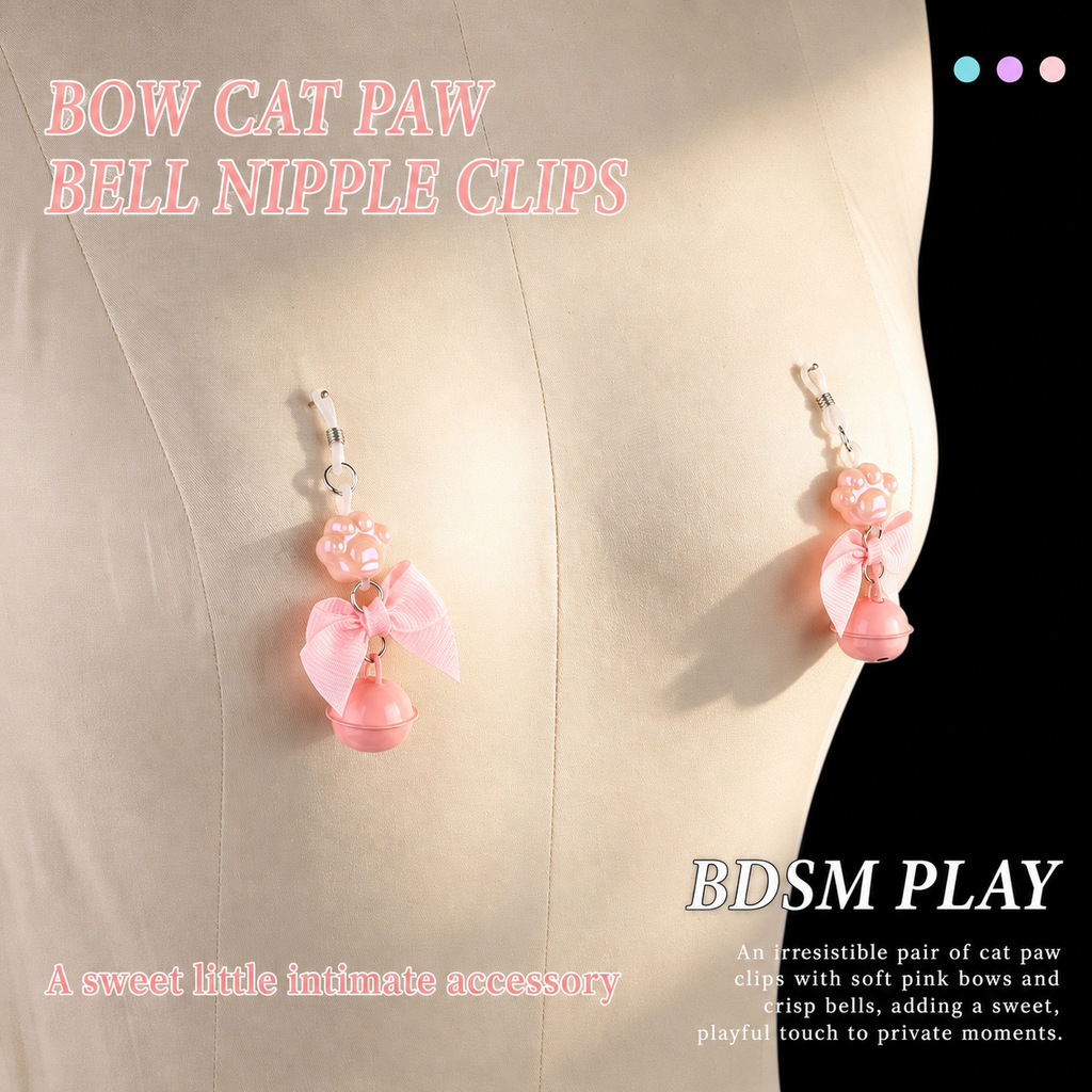 Cat Paw Bow Nipple Clamps with Bell Charms | Playful Sensual Breast Clips.