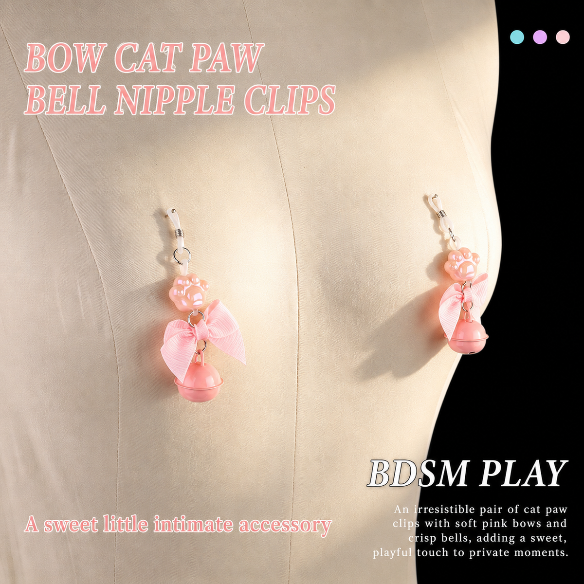 Cat Paw Bow Nipple Clamps with Bell Charms | Playful Sensual Breast Clips.