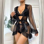 Tempt Me Lace Lingerie Set with Sheer Ruffle Robe.