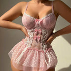 Sweet Temptation Bow Lace-Up Garter Lingerie Dress.