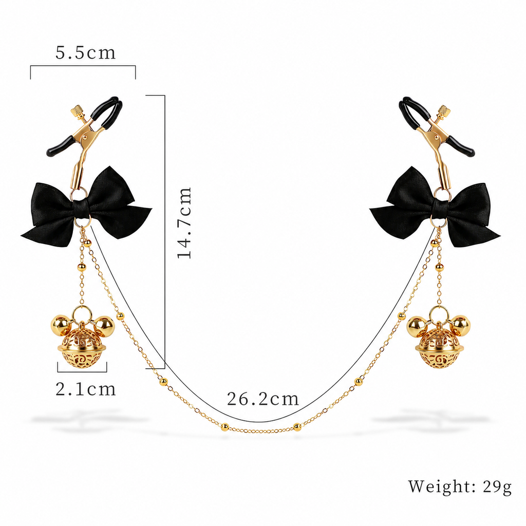 Title Adjustable Nipple Clamps with Bow & Bell Charms | Decorative Chain Body Jewelry