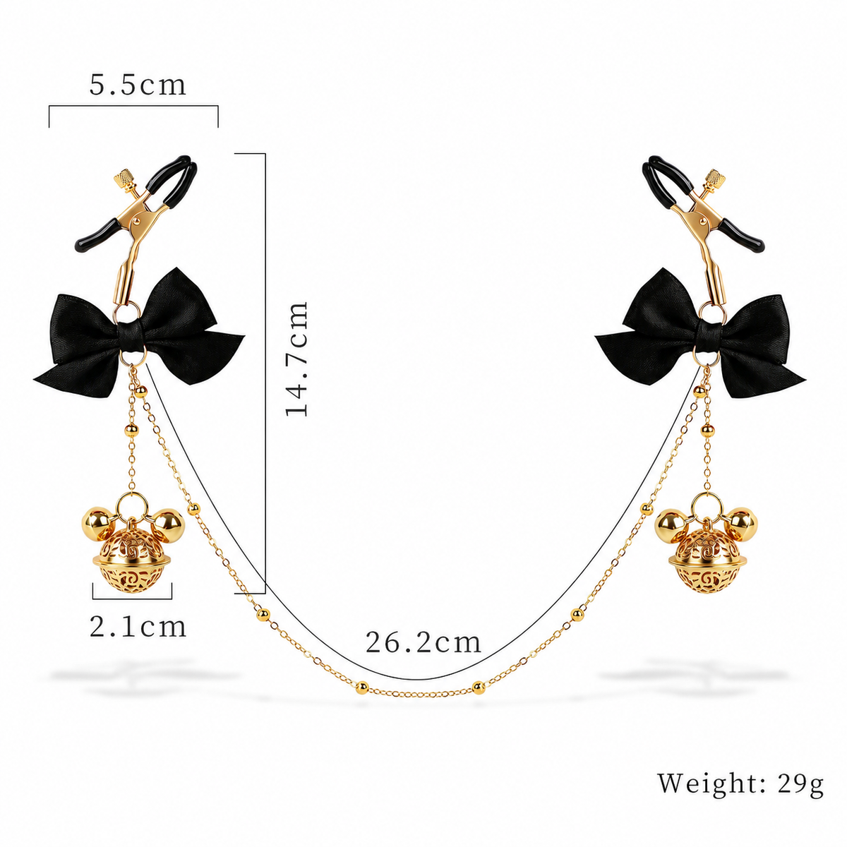 Title Adjustable Nipple Clamps with Bow & Bell Charms | Decorative Chain Body Jewelry