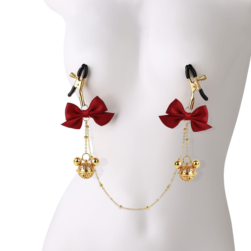 Title Adjustable Nipple Clamps with Bow & Bell Charms | Decorative Chain Body Jewelry