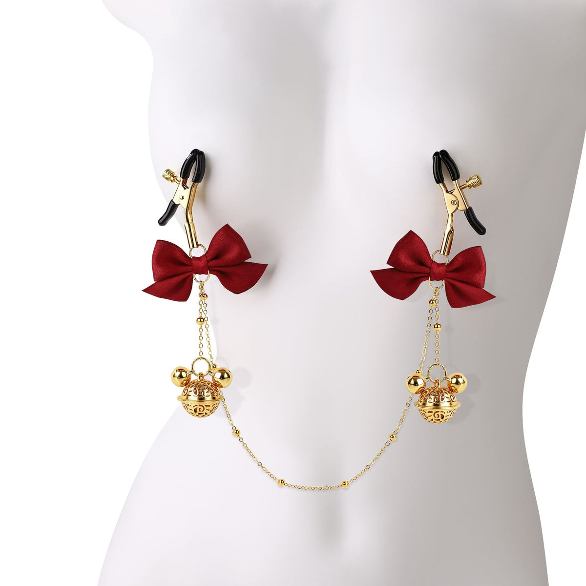 Title Adjustable Nipple Clamps with Bow & Bell Charms | Decorative Chain Body Jewelry