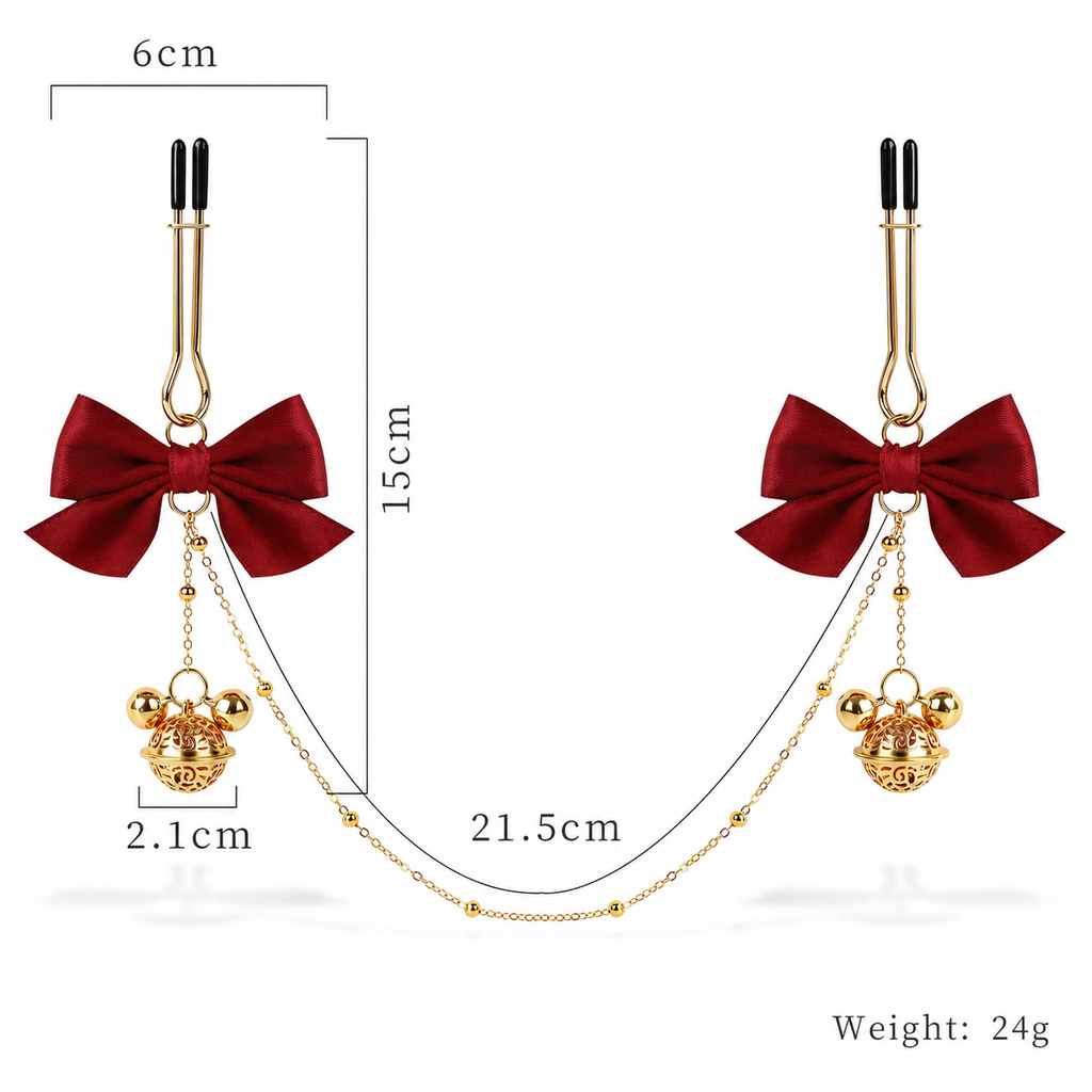 Bow & Bell Nipple Clamps with Chain | Sensual Adjustable Breast Play Accessory