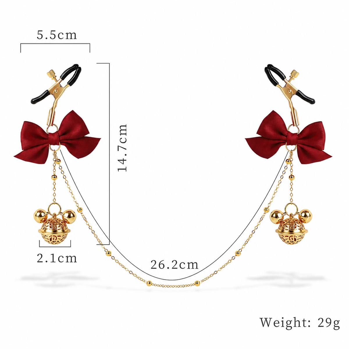 Title Adjustable Nipple Clamps with Bow & Bell Charms | Decorative Chain Body Jewelry