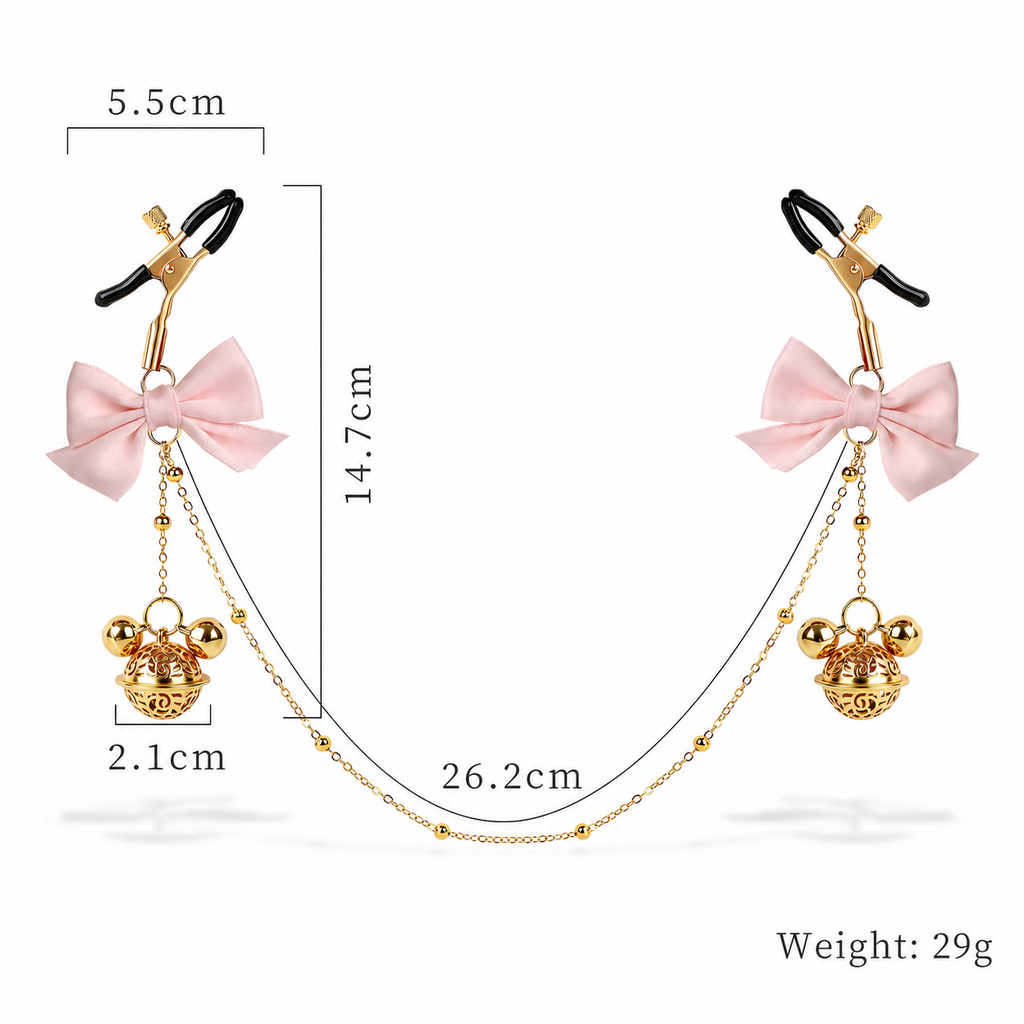 Title Adjustable Nipple Clamps with Bow & Bell Charms | Decorative Chain Body Jewelry