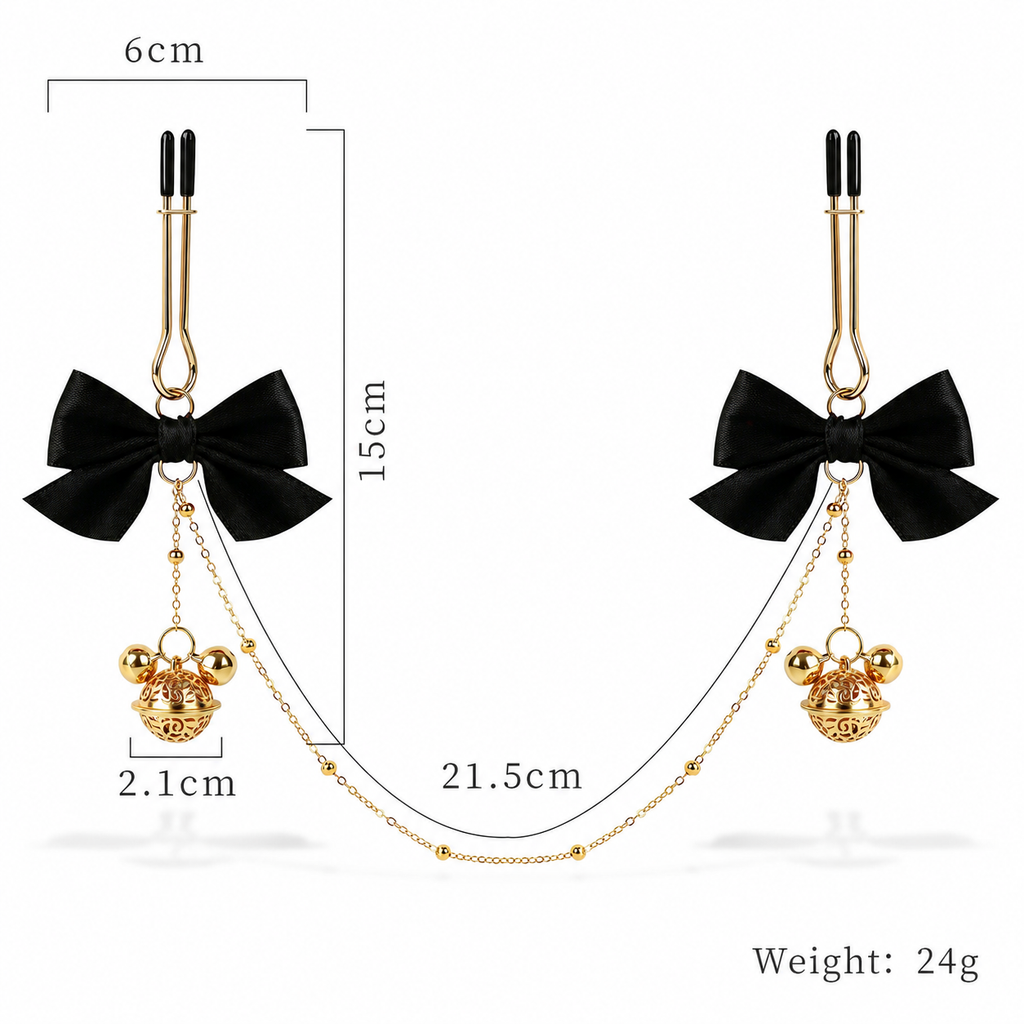 Bow & Bell Nipple Clamps with Chain | Sensual Adjustable Breast Play Accessory