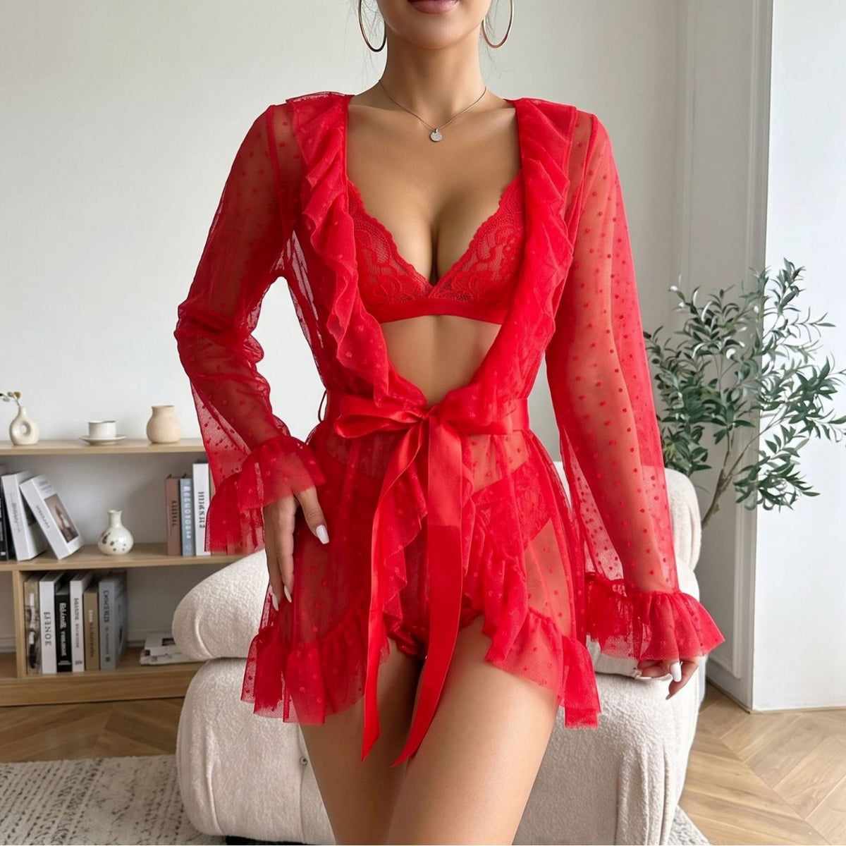 Tempt Me Lace Lingerie Set with Sheer Ruffle Robe.
