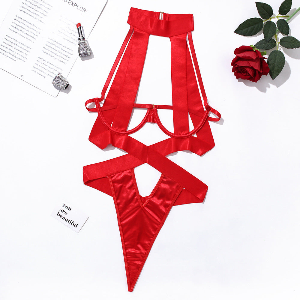 Midnight Temptation Strappy Open-Cup Bodysuit – Underwire Cutout Lingerie with Choker Neck & Cross-Waist Design
