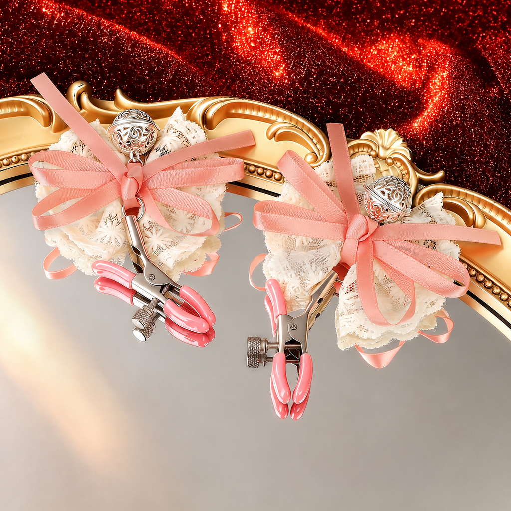 Lace Bow Nipple Clamps with Bell Charms | Adjustable Sensual Breast Play Clips