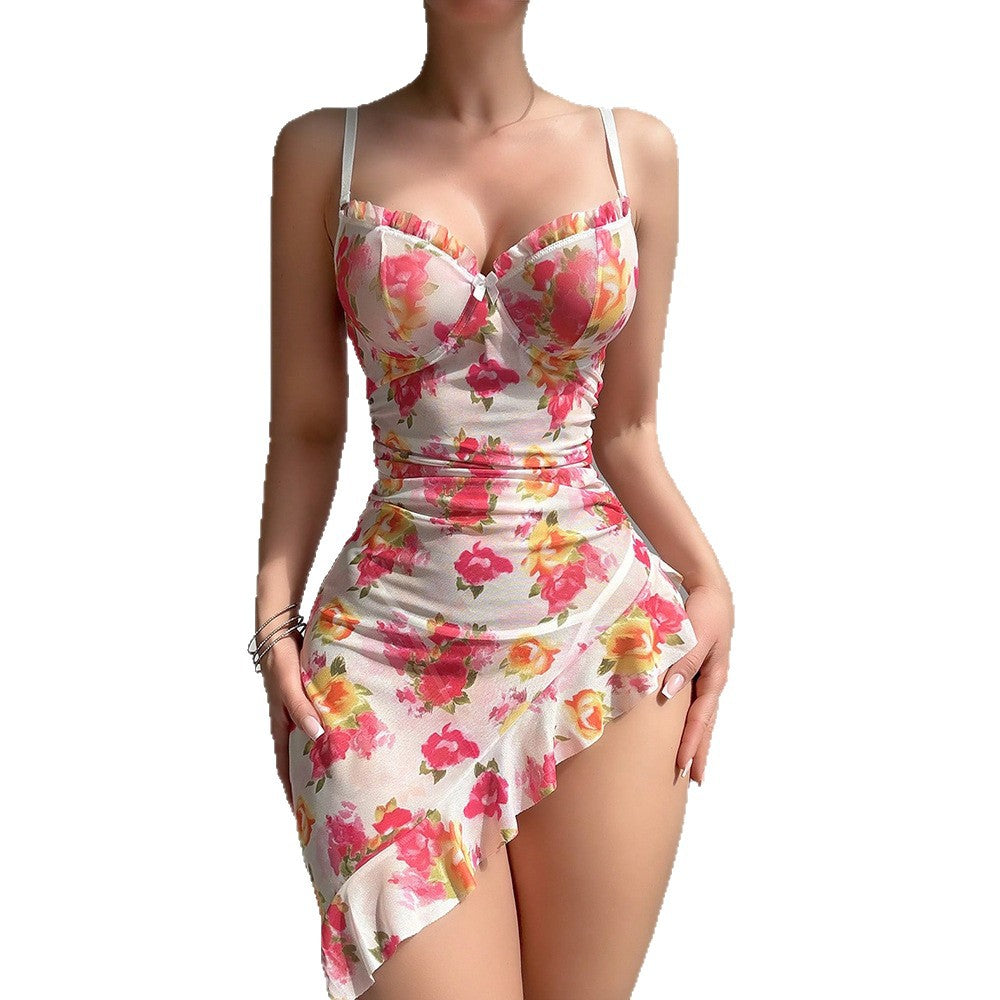 English: After Hours Asymmetrical Ruffle Lingerie Dress.