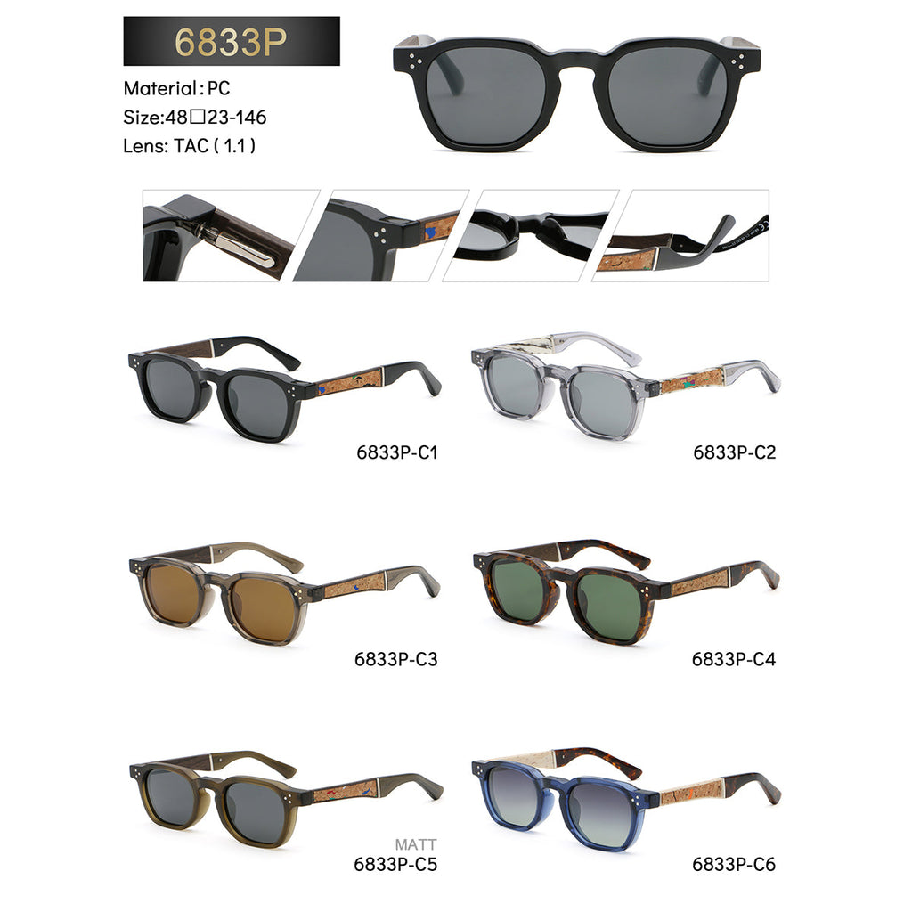 Rounded Square Sunglasses | Triple-Rivet Natural-Texture Temple Eyewear | 6833P
