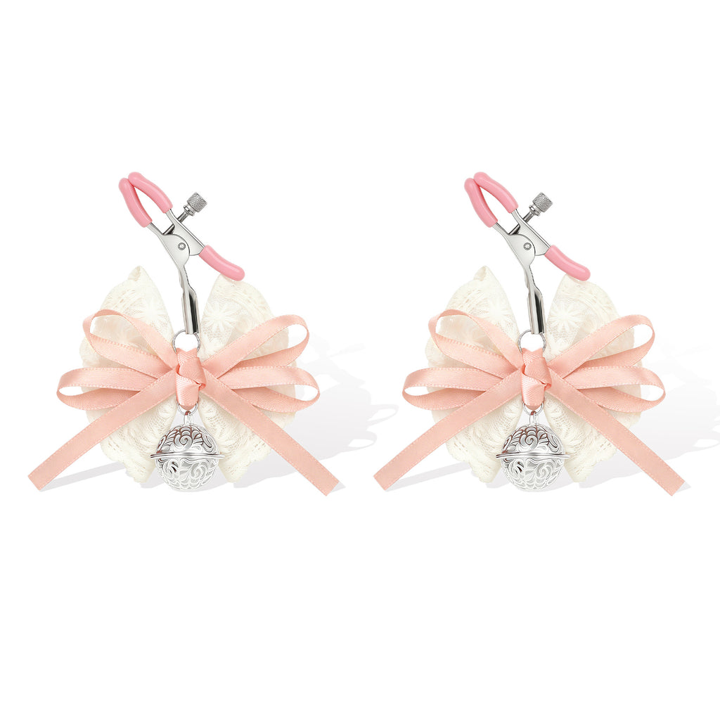 Lace Bow Nipple Clamps with Bell Charms | Adjustable Sensual Breast Play Clips