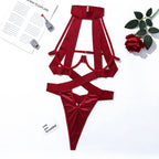 Midnight Temptation Strappy Open-Cup Bodysuit – Underwire Cutout Lingerie with Choker Neck & Cross-Waist Design