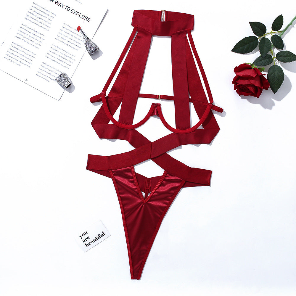Midnight Temptation Strappy Open-Cup Bodysuit – Underwire Cutout Lingerie with Choker Neck & Cross-Waist Design