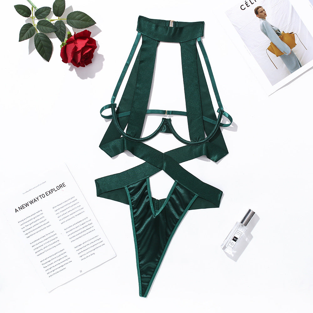 Midnight Temptation Strappy Open-Cup Bodysuit – Underwire Cutout Lingerie with Choker Neck & Cross-Waist Design