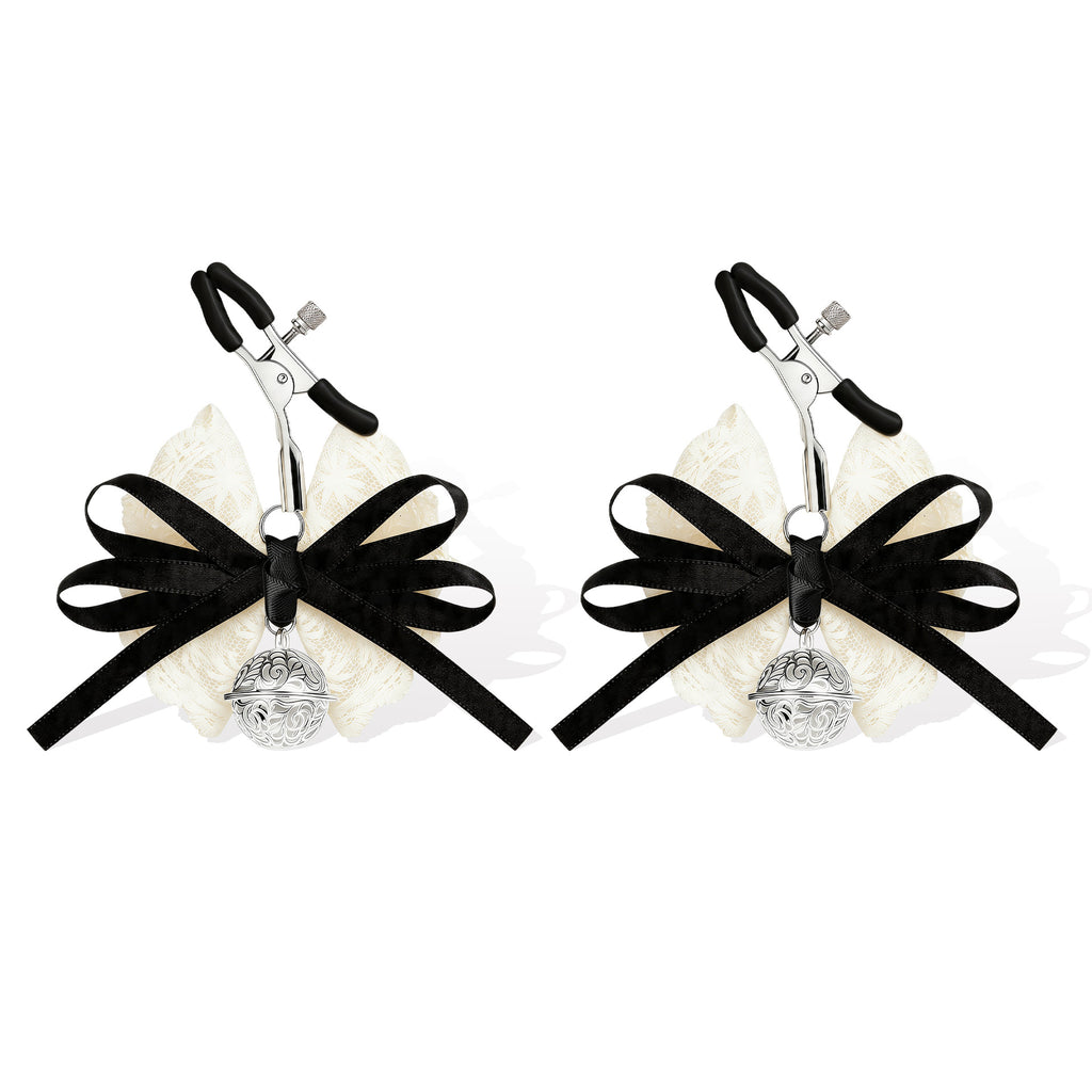Lace Bow Nipple Clamps with Bell Charms | Adjustable Sensual Breast Play Clips