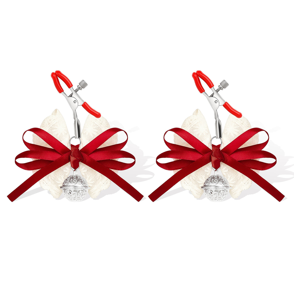 Lace Bow Nipple Clamps with Bell Charms | Adjustable Sensual Breast Play Clips