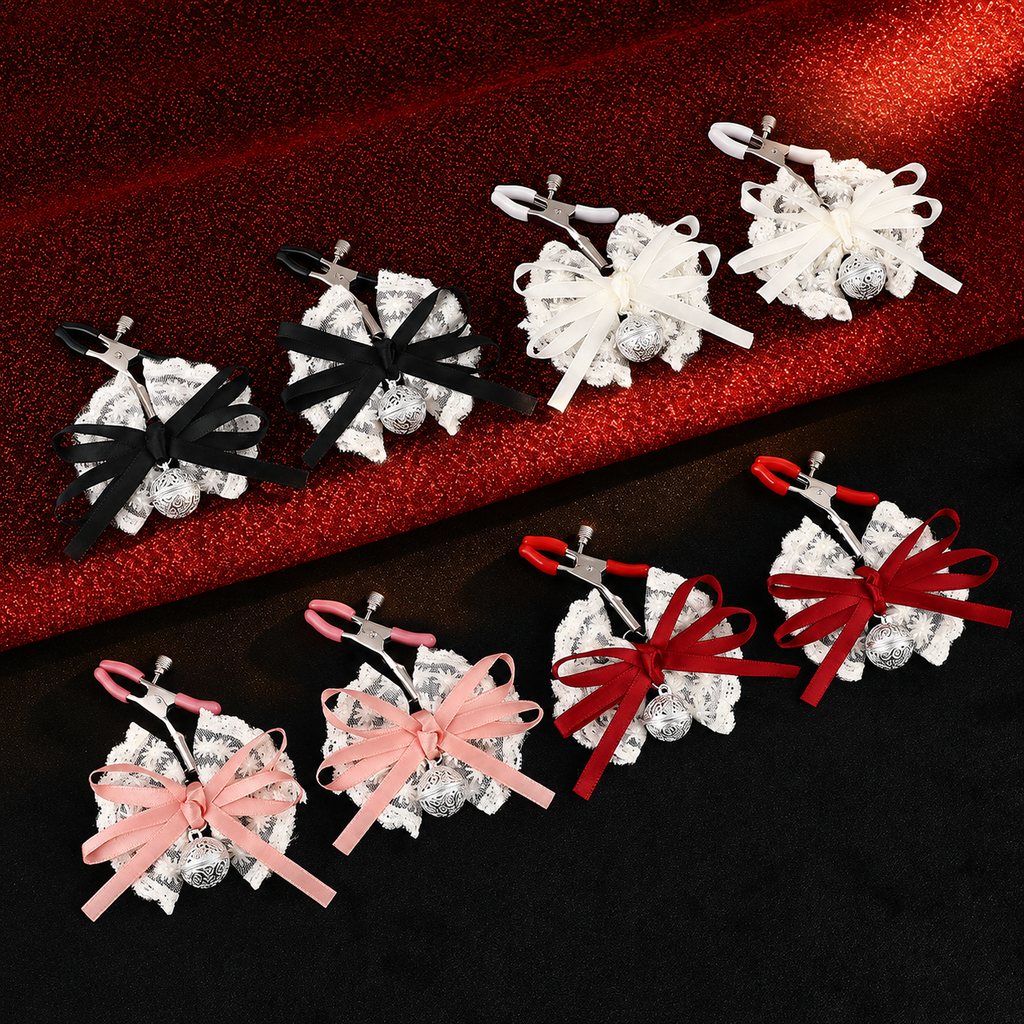 Lace Bow Nipple Clamps with Bell Charms | Adjustable Sensual Breast Play Clips