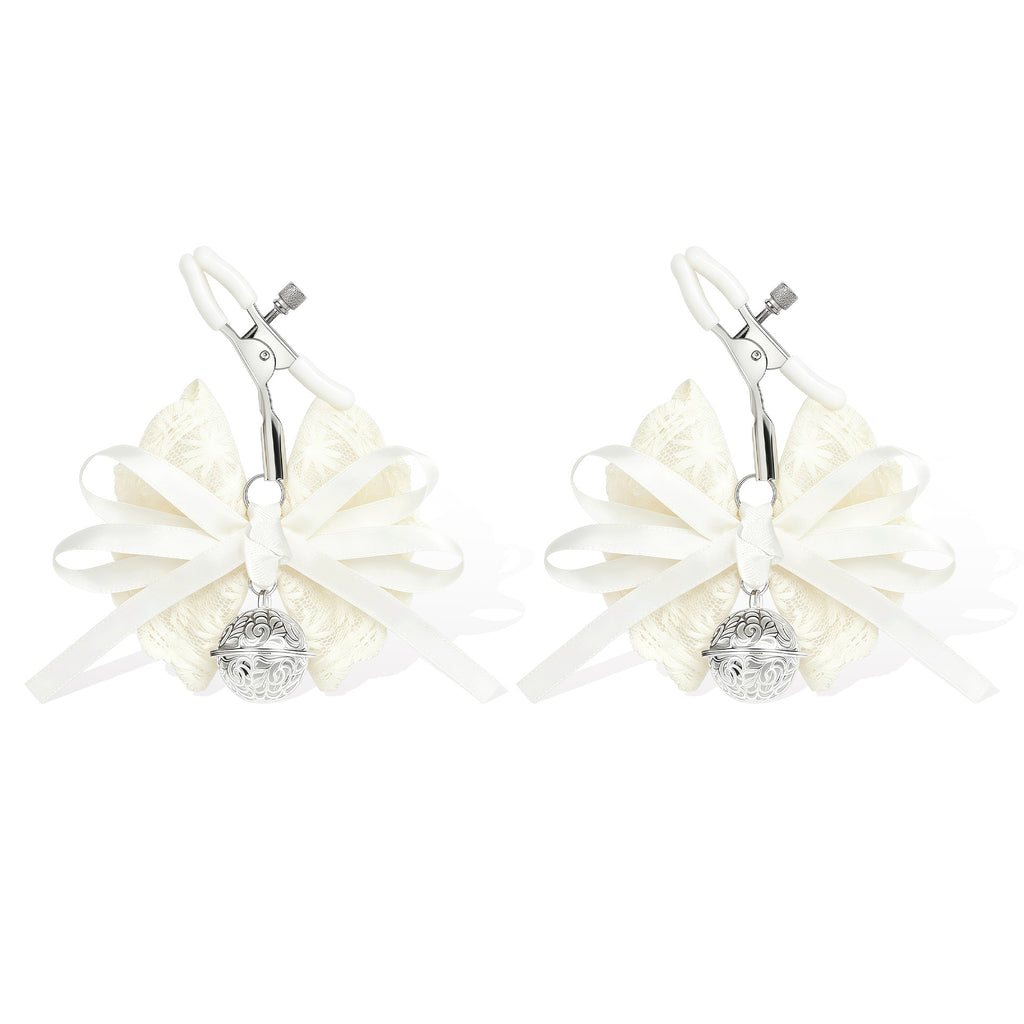 Lace Bow Nipple Clamps with Bell Charms | Adjustable Sensual Breast Play Clips