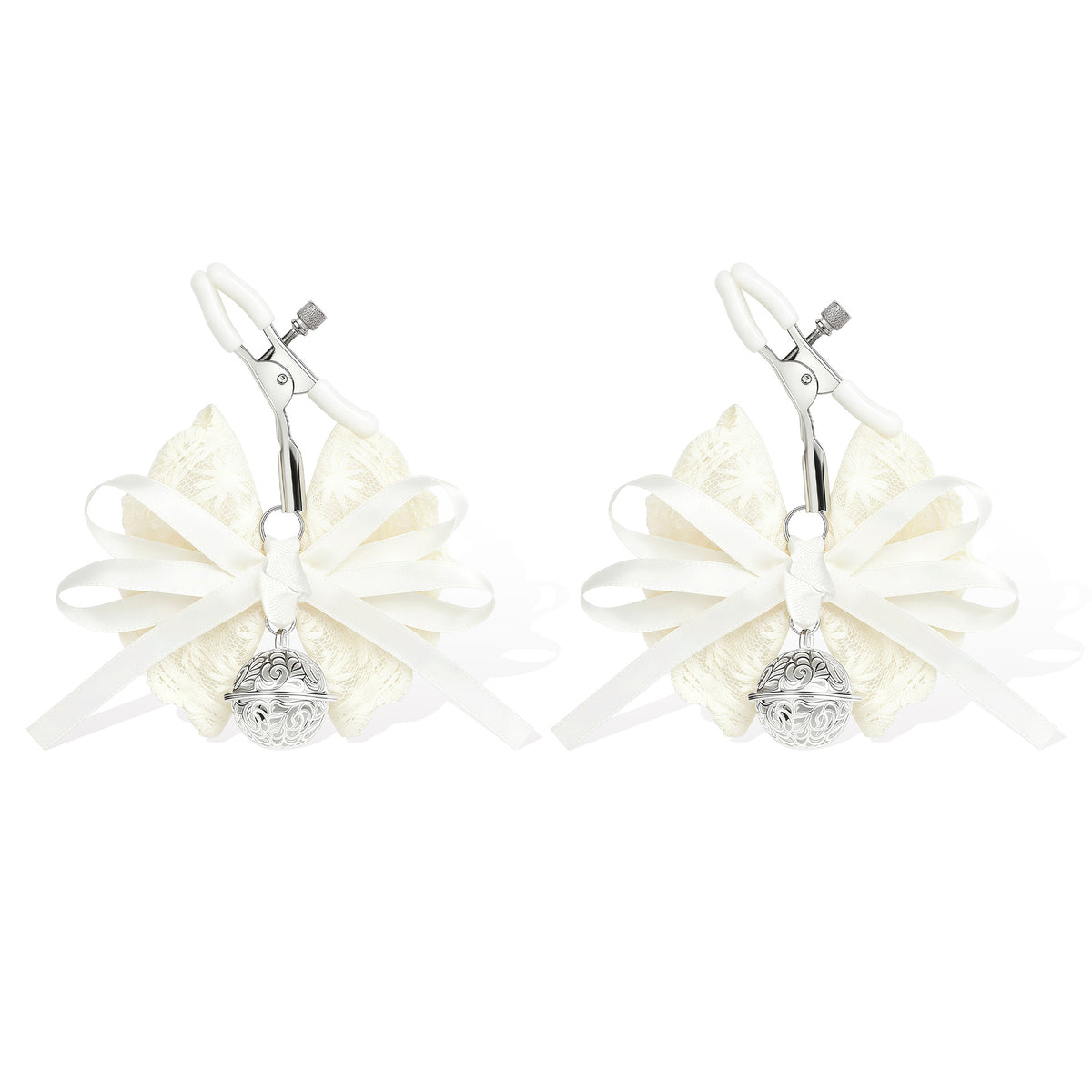 Lace Bow Nipple Clamps with Bell Charms | Adjustable Sensual Breast Play Clips