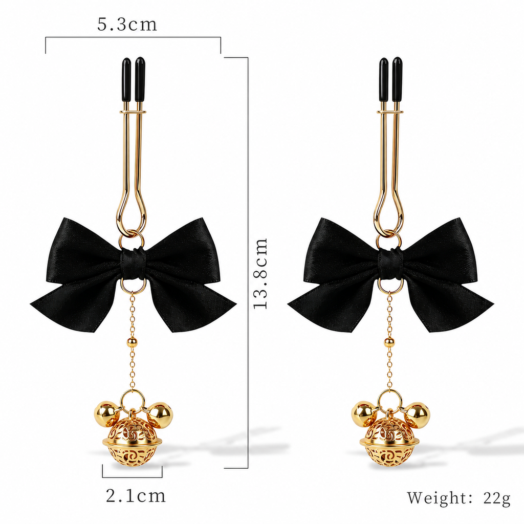 Bow & Bell Nipple Clamps | Sensual Breast Play Clips with Dangling Charms