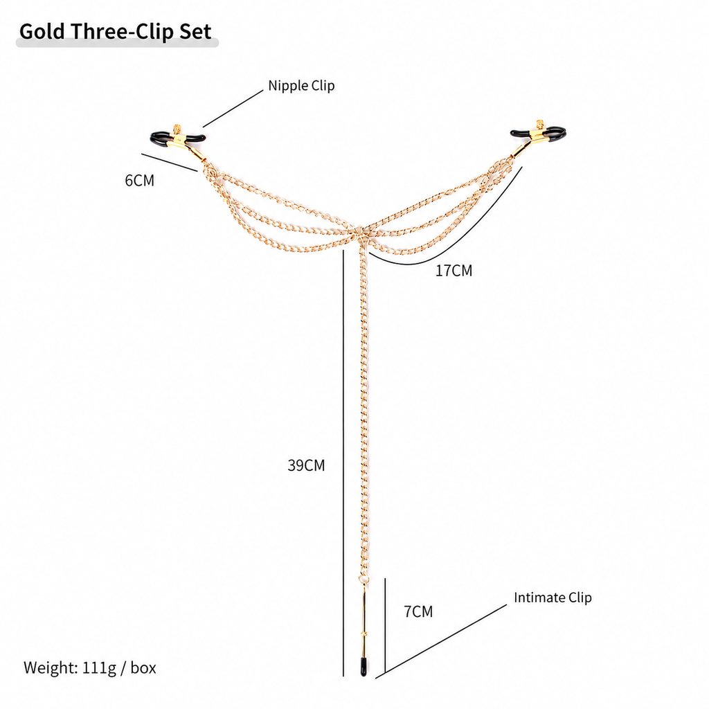 Three-Clip Nipple & Intimate Chain Set | Sensual Multi-Point Teasing Body Accessory.