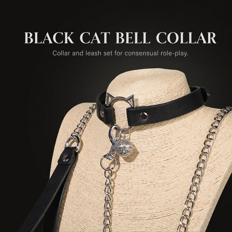 Black Cat Bell Collar & Leash Set | Adjustable PU BDSM Accessory