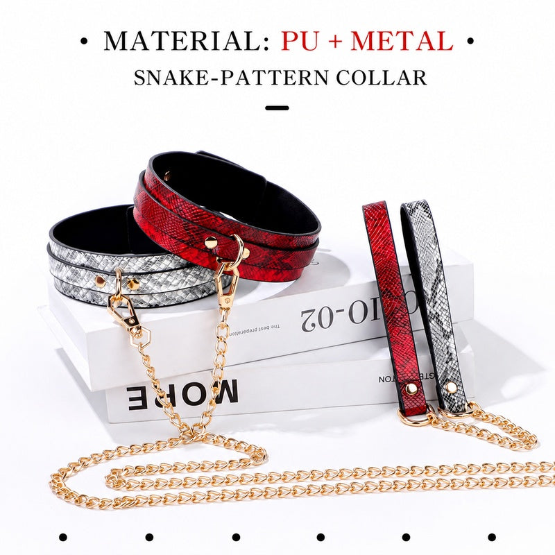 Snake-Pattern Collar & Leash Set | Adjustable PU Leather BDSM Accessory
