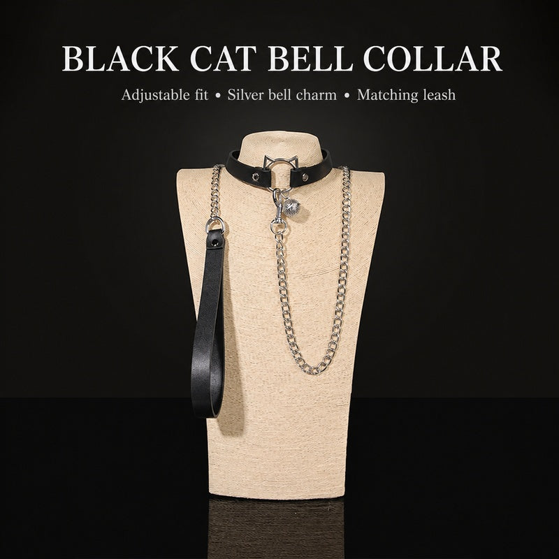 Black Cat Bell Collar & Leash Set | Adjustable PU BDSM Accessory