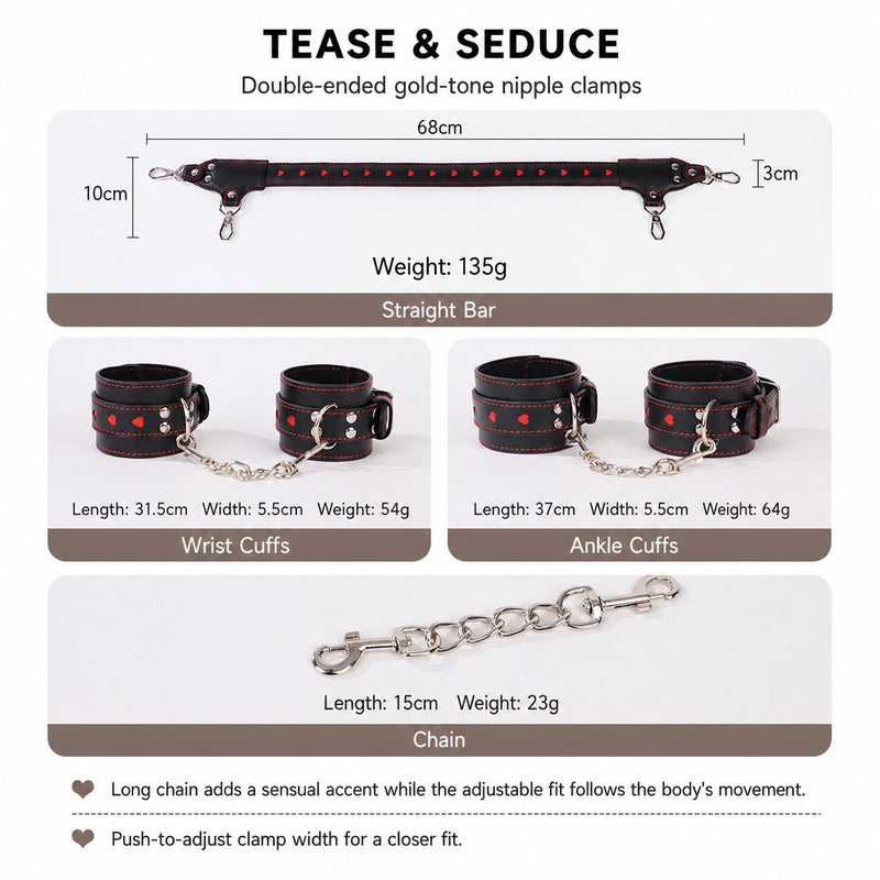 Heart-Pattern 10-Piece BDSM Restraint Set | Playful Straight Bar Kit