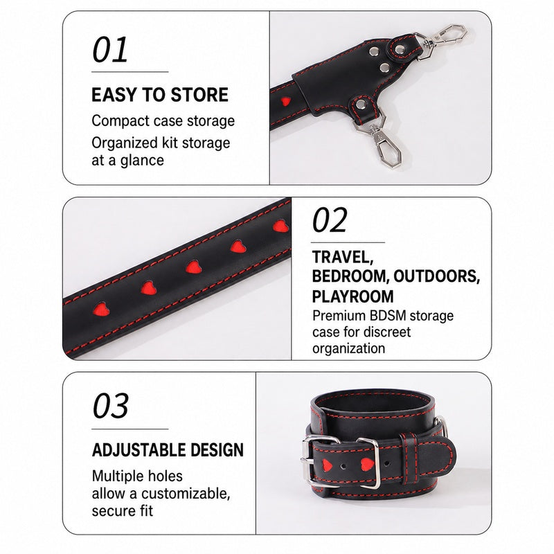 Heart-Pattern 10-Piece BDSM Restraint Set | Playful Straight Bar Kit