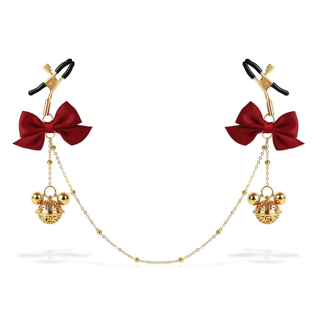 Title Adjustable Nipple Clamps with Bow & Bell Charms | Decorative Chain Body Jewelry