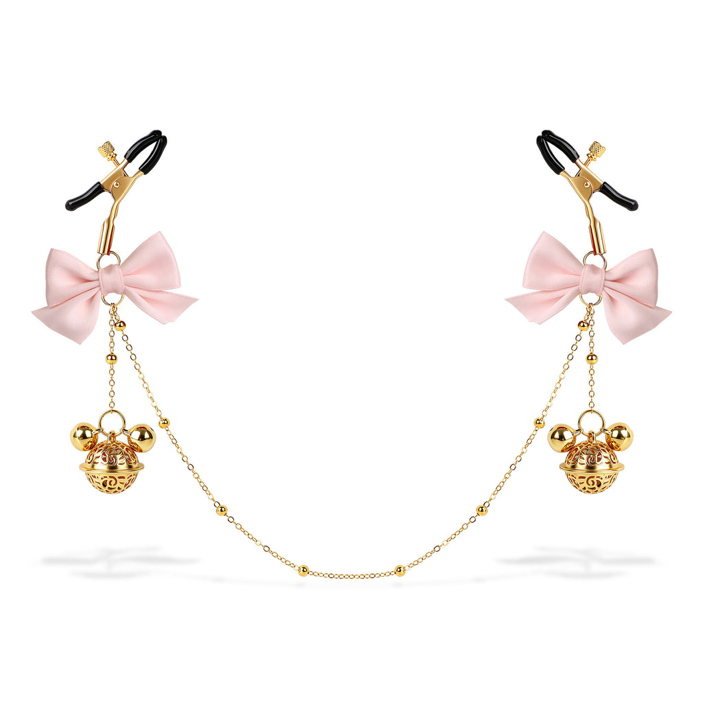 Title Adjustable Nipple Clamps with Bow & Bell Charms | Decorative Chain Body Jewelry