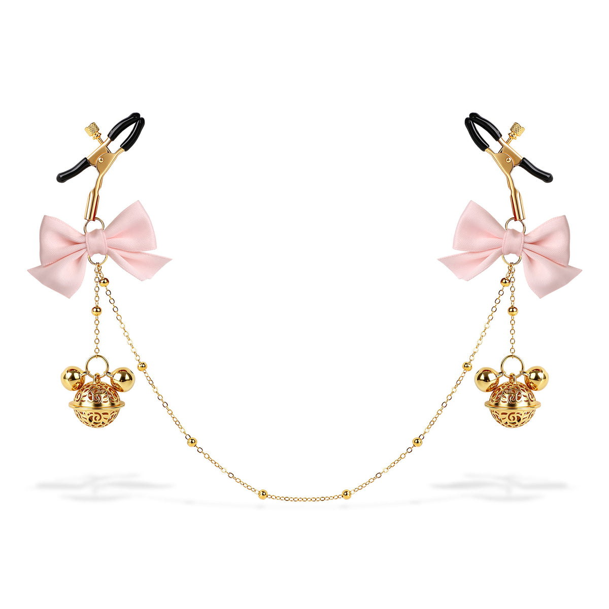 Title Adjustable Nipple Clamps with Bow & Bell Charms | Decorative Chain Body Jewelry