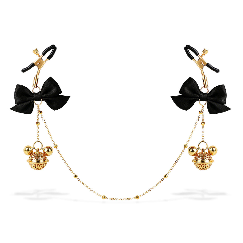 Title Adjustable Nipple Clamps with Bow & Bell Charms | Decorative Chain Body Jewelry
