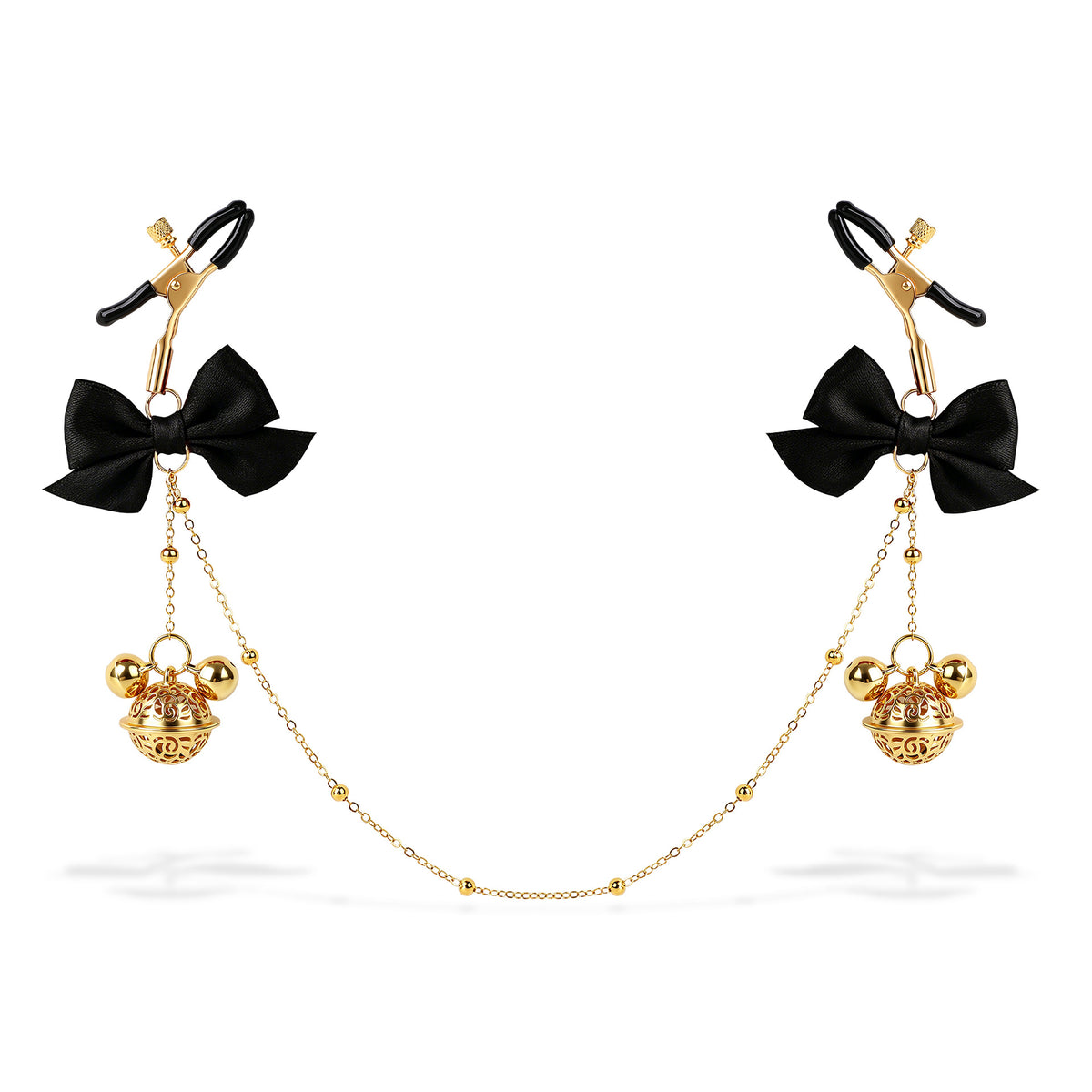 Title Adjustable Nipple Clamps with Bow & Bell Charms | Decorative Chain Body Jewelry