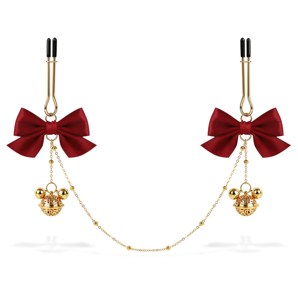 Bow & Bell Nipple Clamps with Chain | Sensual Adjustable Breast Play Accessory